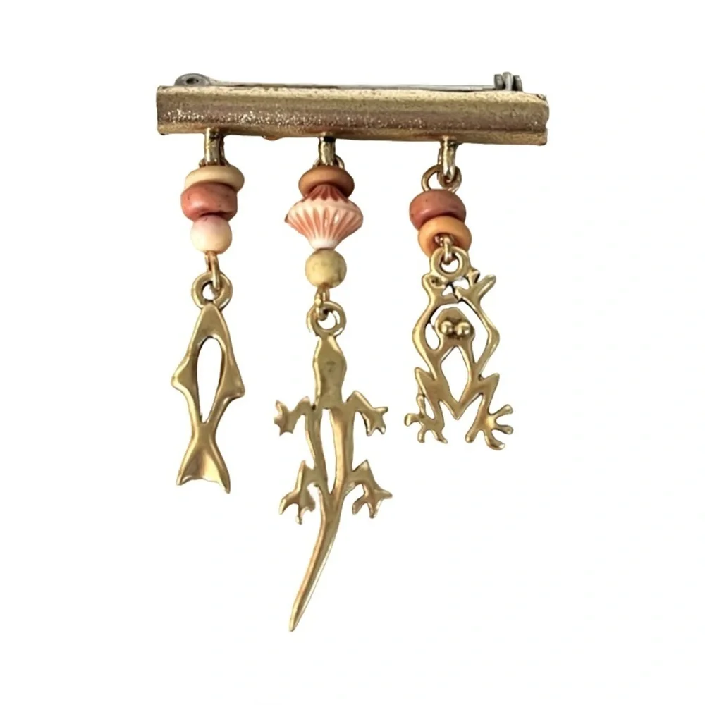 Vintage Gold Charm Brooch with Animal Pendants